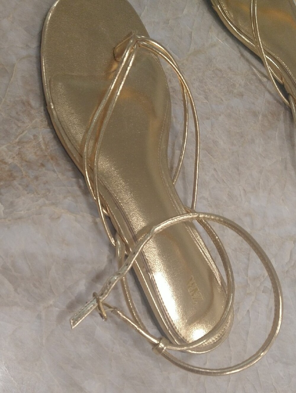 Zara  39 Metallic Gold Slim-Strap Ankle Wrap Sandals Sz 9 - Picture 2 of 8